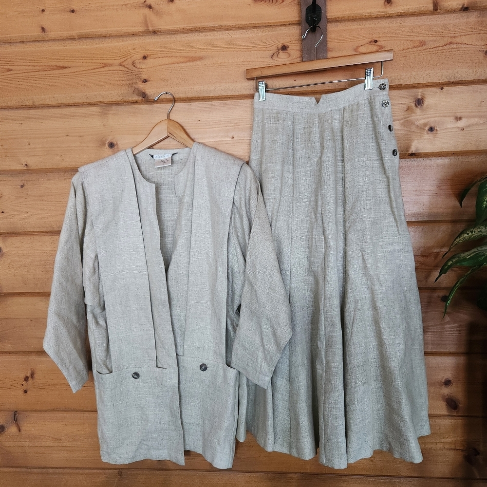 Joanie Char Vintage 100% Linen Skirt Set Lagenlook Top Prarie Boho Designer Sz 4